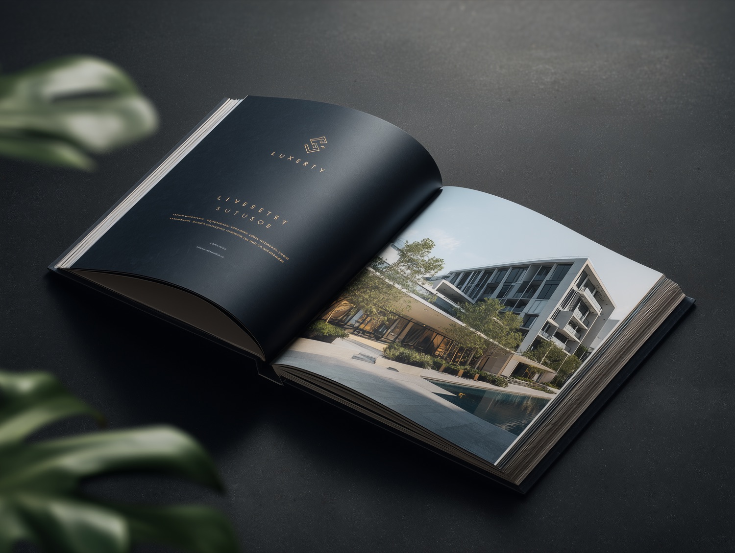 Open luxury development brochure on a dark surface