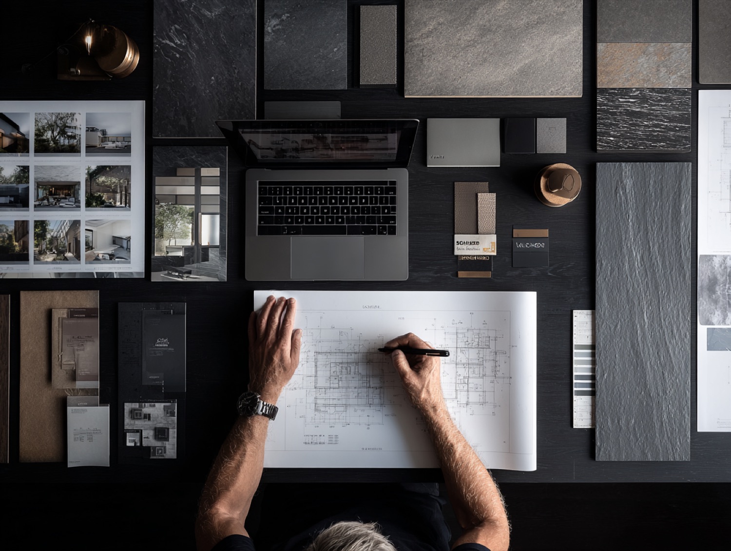 Designer working on development drawings with a material samples board