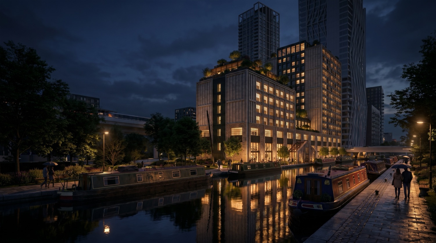 Harrow Wharf canalside residential development at dusk, Paddington